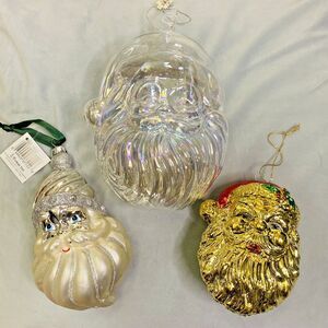 Lot of 3 Large Santa Claus Face Christmas Tree Glass Ornaments White Gold Clear